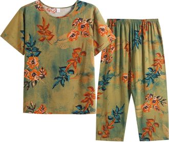 Generic Pajamas Set Womens Cotton Linen Pajamas for Women Printed Loungewear Sleepwear 2 Piece Pj Sets Short Sleeve T Shirt and Shorts Outfit Sets Women UK Sa