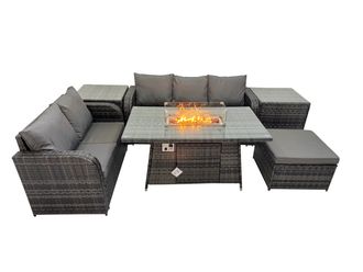 Fimous Garden Outdoor Rattan Furniture Set with Big Footstool 2 Side Tables in Dark Grey
