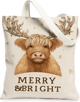 Generic Bright & Joyous Canvas Tote Bags, Animal Print Reusable Grocery Bags, Winter Holiday Lightweight Washable Shoulder Strap Ca, Beige, 13x15 Inch