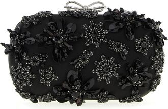 Self Portrait Black Satin Floral Crystal Clutch Nero-Donna