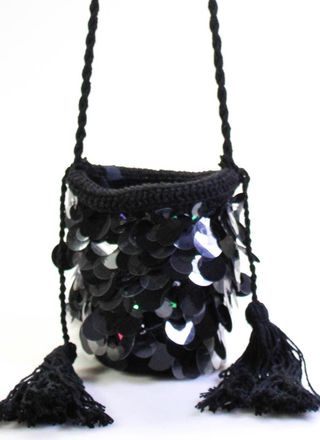 NANNACAY Crocheted Tassel Paetes Mini Oak Bag Handbag Black