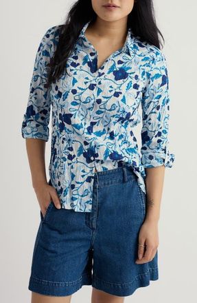 Seasalt Cornwall Larissa Floral Crinkled Organic Cotton Button-Up Shirt in Winding Meadow Blue Fog at Nordstrom, Size 16