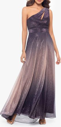 Betsy & Adam One-Shoulder Metallic Crinkle Ombré Gown in Plum/Rose at Nordstrom, Size 10