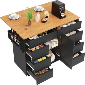 STILVORA Carro De Cocina Con 8 Cajones, 1 Puerta, Estante Ajustable, Encimera Abatible Y Ruedas, En Mdf, Negro, 122x46x91,5 Cm