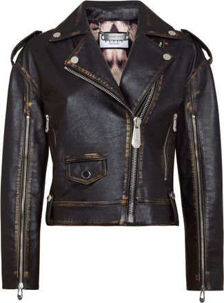 Philipp Plein logo-lettering leather biker jacket - women - Calf Leather - S - Black