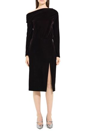 Theory Off the Shoulder Long Sleeve Stretch Velvet Dress in Mink at Nordstrom, Size 8