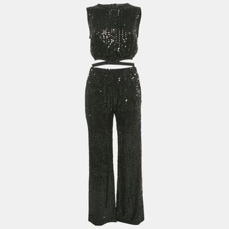 Maje Black Sequin Cut-Out Crop Top & Wide Leg Pants Set