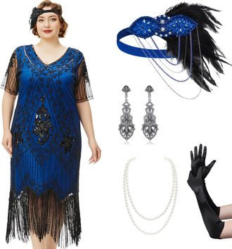 Babeyond Great Gatsby Dresses Set for Women Plus Size Cocktail Dress 1920s Flapper Costume for Women with Accessories Set