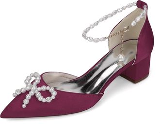 Generic Wedding Shoes Women Low Heel Bridal Satin Chunky Heels Dress Shoes Wedding Ankle Strap Evening Pumps 4.5Cm,Burgundy,10 UK
