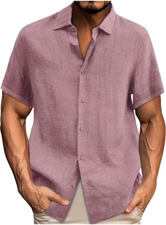 Generic AnnSemo Mens Linen Shirt Short Sleeve Shirts Casual Summer Shirt Regular Fit Cotton Linen Lapel Button Down Dress Solid Color Collar Beach Tops Lightw