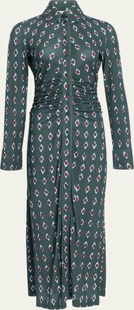 Altuzarra Claudia Diamond-Print Long-Sleeve Ruched Midi Shirtdress