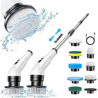 OEM Cepillo De Limpieza El&eacute;ctrico Inal&aacute;mbrico - 8 Cabezales Reemplazables - Longitud Ajustable De 31 A 140 Cm - Resistente Al Agua Ipx7 Para Ba&ntilde;o Y Cocina