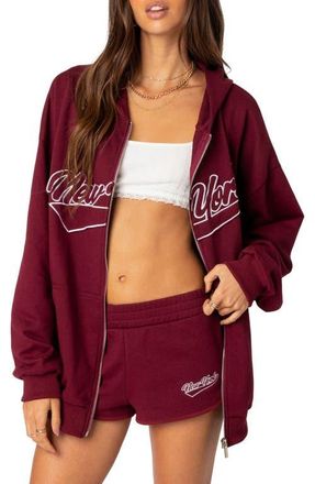 Edikted New York Oversize Front Zip Cotton Blend Hoodie in Burgundy at Nordstrom, Size X-Small