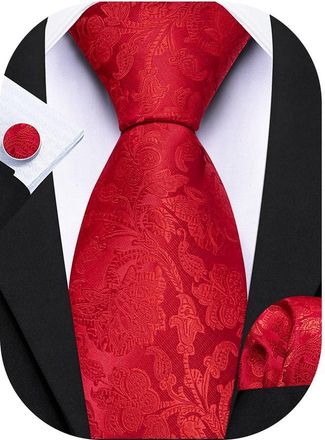 Barry.Wang Mens Red Tie Silk Floral Necktie Solid Color Pocket Square Cufflinks Set Wedding Party Formal