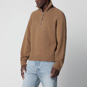 Tom Ford Maglione con mezza zip in lana e cashmere caramello