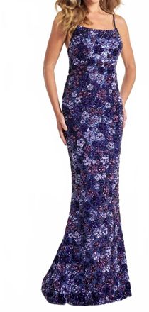 Faviana Sequin Floral Design Prom Dress In Purple Navy