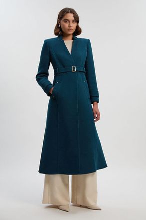Karen Millen Womens Petite Wool Investment Notch Neck Belted Detail Tailored Maxi Coat - Teal - Size 10 UK