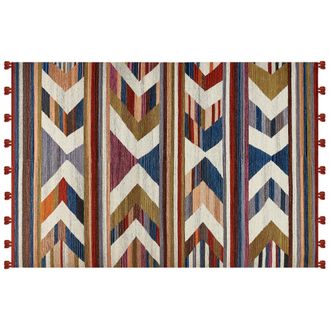 Beliani Alfombra Kilim De Lana Azul Rojo Verde 200 X 300 Cm A Mano A Rayas Borlas Mrgashat