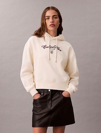Calvin Klein Fleece Script Logo Graphic Cropped Hoodie