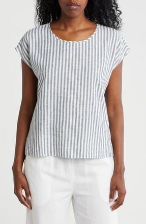 Caslon Yarn Dye Linen Blend Top in Blue Insignia- Ivory Brianne S at Nordstrom Rack, Size X-Large