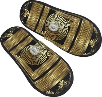 Generic Women Men Slippers Luxury Gold 3 D Geometric Greek Key House Slippers Plush Fleece Lined Bedroom Slipper Fluffy Indoor Shoes For Travel Outdoor Party 