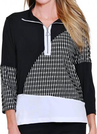 Multiples 3/4 Sleeve Zip Thru Collar Top In Multi