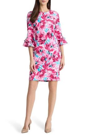 Kasper Flutter Sleeve Floral Sheath Dress in Lily White Multi at Nordstrom, Size 10