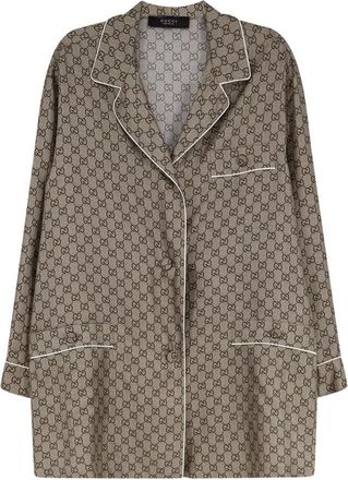 Gucci Zijden Twill Shirt met Print - Dames - Pyjama - Beige - XS - Nachtkleding