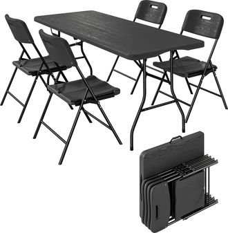 OUTSUNNY Conjunto De Camping Plegable De 5 Piezas Incluye 1 Mesa 180x74x74 Cm Y 4 Sillas Tapa Impermeable Hdpe Y Estructura De Metal, Negro