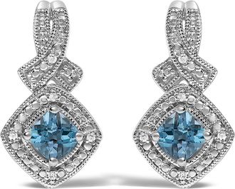 House of Brilliance Sterling Silver Cushion Cut Blue Topaz and Diamond Accent Twist Motif Dangle Earrings