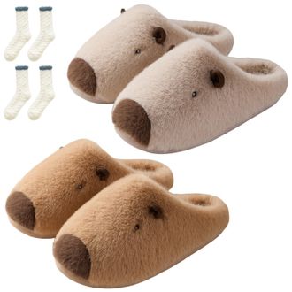 Generic Capybara Slippers for Women, 3D Plush Warm Capibara Household Slippers, Cute Non Slip for Indoor Outdoor (Khaki+Beige, UK, Adult, Women, 6.5, Numeric 