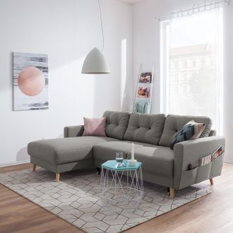 Mørteens home24 Mørteens Ecksofa Sola 2-Sitzer Grau Flachgewebe 225x86x147 cm mit Schlaffunktion und Bettkasten