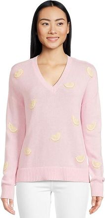Lilly Pulitzer Tensley Sweater Womens Sweater Heathered Pink Muse Fresh Squeezed Embroidery : XL, Cotton