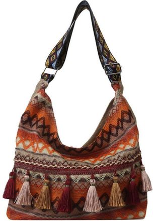 Generic Ethnic Style Retro Large Capacity Womens Shoulder Bag, Geometric Woven Tote Bag Top Zip Messenger Bag(Orange)