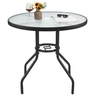 Yaheetech Homevive Mesa De Jard&iacute;n De 70cm De Di&aacute;metro Redonda De Cristal Mesa De Balc&oacute;n Con Orificio Para Sombrilla Alto 73cm Negro