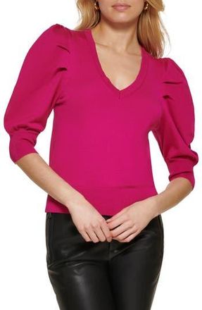 DKNY Puff Sleeve V-Neck Sweater in Electric Fushia at Nordstrom Rack, Size X-Small
