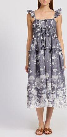 En Saison Sydney Floral Tiered Midi Sundress in Washed Blue Ivory at Nordstrom Rack, Size X-Small