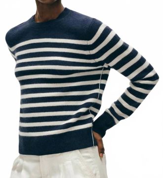 White + Warren Cashmere Striped Crewneck Sweater In Deep Navy/soft White