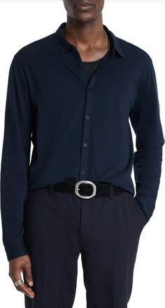 John Varvatos Gareth Long Sleeve Mercerized Knit Shirt In Blue