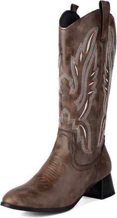 Generic Womens PU Leather Western Cowboy Boots with Side Zipper Round Toe Knee High Boots Block Heel Long Boot with Embroidery Stitched,Brown,4.5 UK