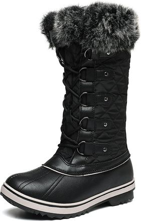 Pangolin Womens Waterproof Winter Snow Boots -Fur Lined Quilted Calf Lace Up Non Slip Warm Outdoor Walking Boots for Rain Snow Cold Weather Black 6.5UK