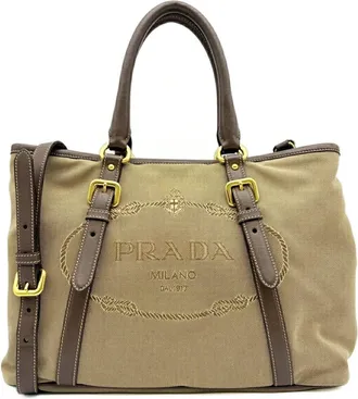 Prada Beige Dark Brown Canvas Leather Tote Bag (Pre-Owned)