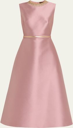 Reem Acra Embroidered Mikado Silk Sleeveless Tea-Length Dress
