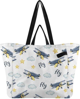 Generic Airplane Cloud Star White pattern Reusable Canvas Tote Bag, Heavy Duty Grocery Shopping Bag with Hard Bottom Double Handles Large Capacity Work Grocer