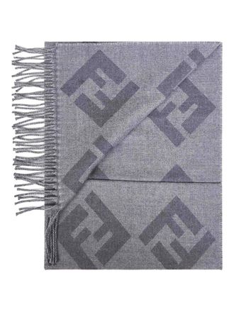 Fendi macro motif fringed scarf - men - Wool - One Size - Grey