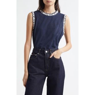 Cinq &agrave; Sept Blaine Opaque Stone Sleeveless Top in Navy/White at Nordstrom Rack, Size X-Large