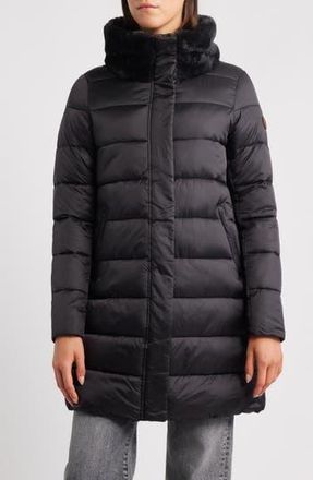 Save The Duck Dalea Faux Fur Collar Longline Puffer Jacket in Black at Nordstrom Rack, Size 00(Xxs)