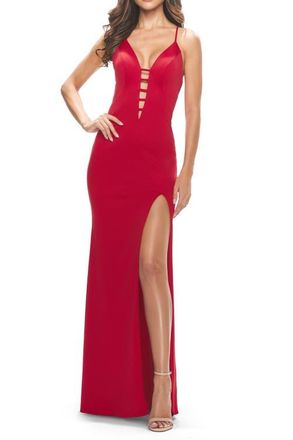 La Femme Fitted Matte Jersey Gown with Unique Deep V Neckline in Red at Nordstrom, Size 00