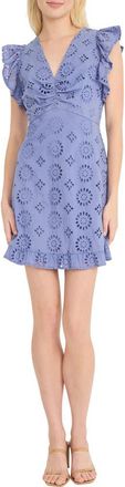 Donna Morgan Ruffle Embroidered Eyelet Cotton Minidress in Colony Blue at Nordstrom Rack, Size 16