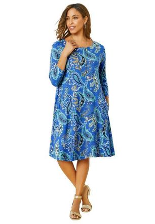 Jessica London Stretch Knit Three-Quarter Sleeve T-Shirt Dress in Dark Sapphire Playful Paisley at Nordstrom, Size 28
